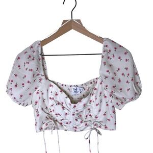 Princess Polly Floral Crop Top Puff Sleeve‎ Drawstring White Pink Size 8
